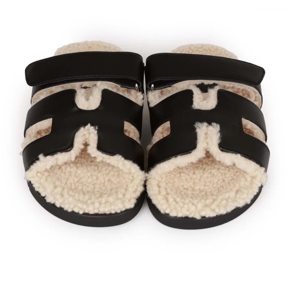 HERMES BLACK SHEARLING CHYPRE WOMENS SANDALS 36 - Picture 6 of 7